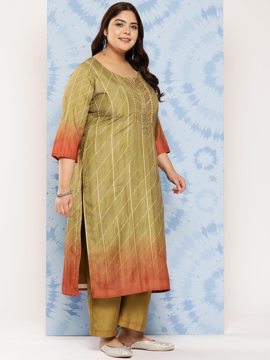 Olive Yoke Design Silk Blend Straight Kurta With Trousers and Dupatta - Libas