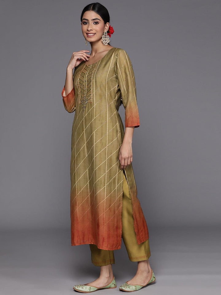 Olive Yoke Design Silk Blend Suit Set With Trousers - ShopLibas