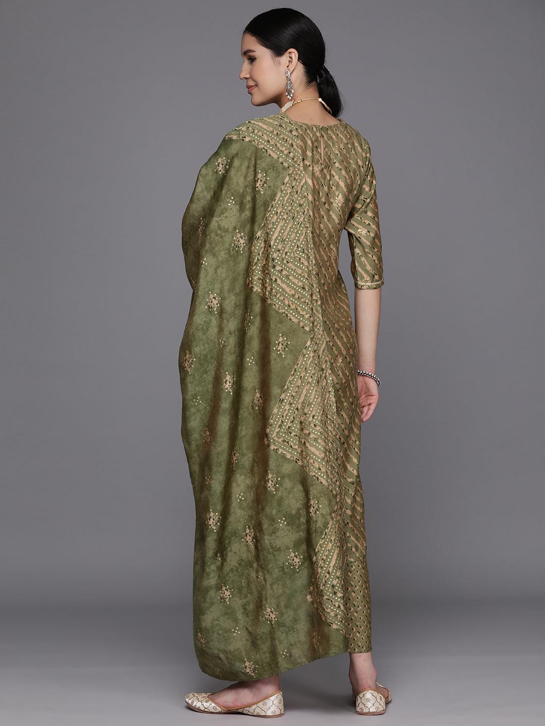 Olive Yoke Design Silk Blend Straight Kurta With Trousers & Dupatta