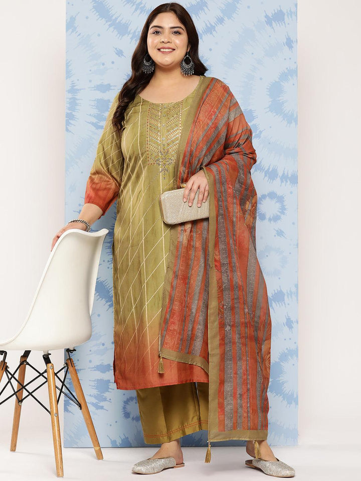 Olive Yoke Design Silk Blend Straight Kurta With Trousers and Dupatta - Libas