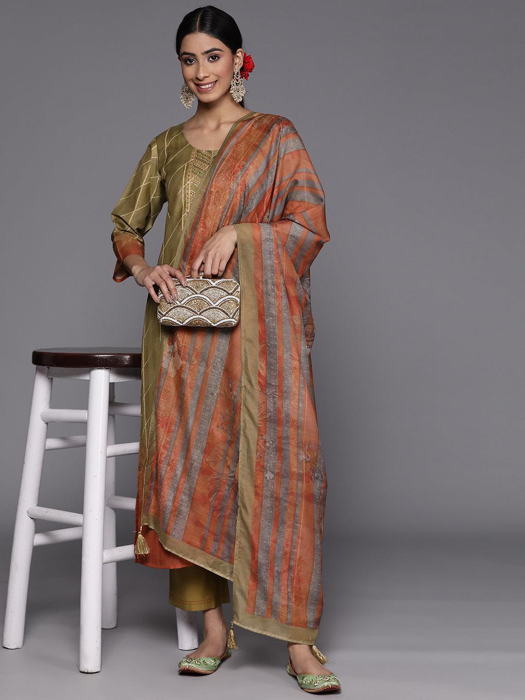 Olive Yoke Design Silk Blend Suit Set With Trousers - ShopLibas