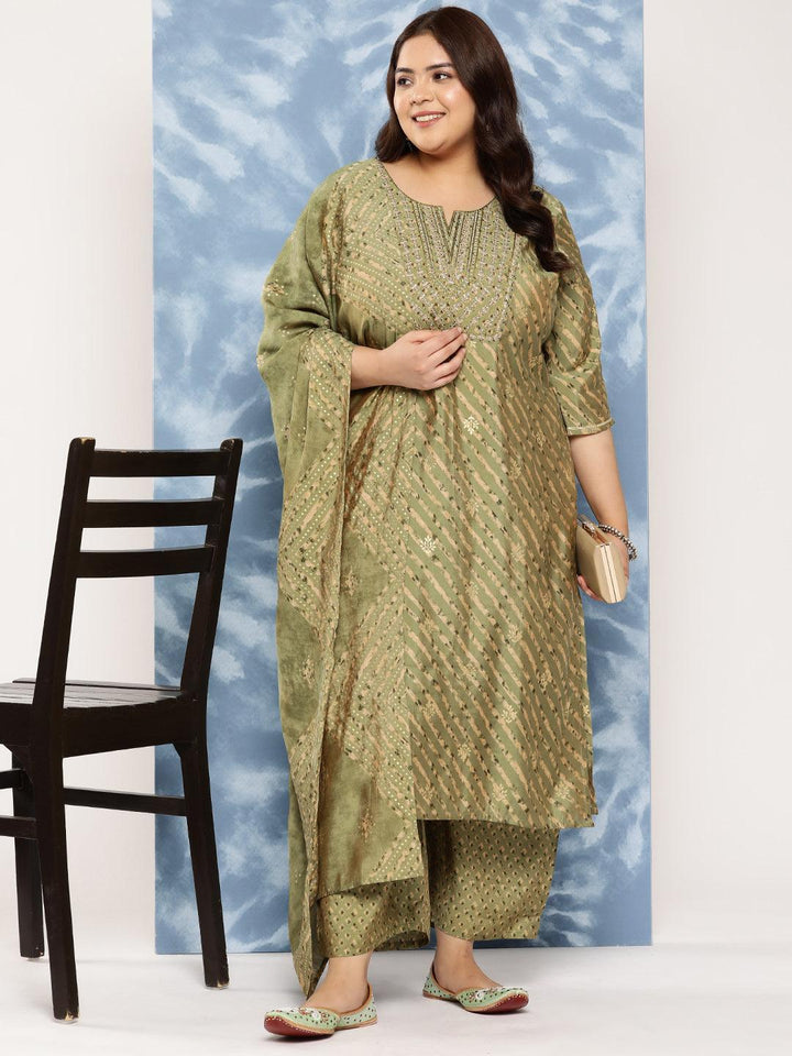 Olive Yoke Design Silk Blend Straight Kurta With Trousers and Dupatta - Libas