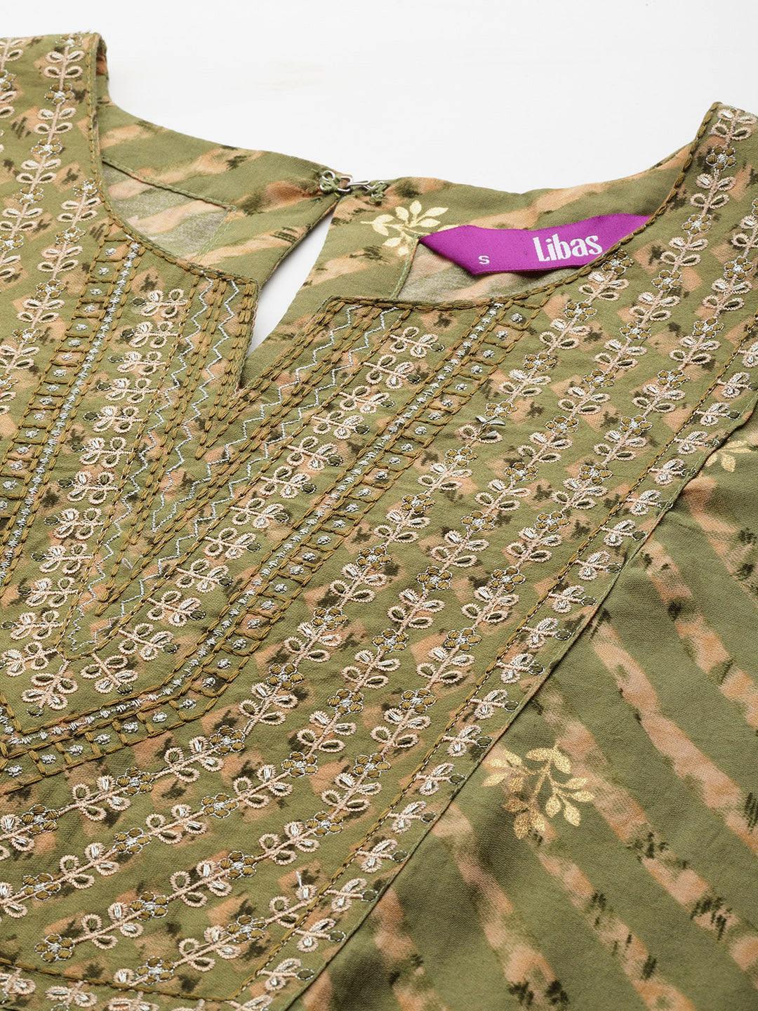 Olive Yoke Design Silk Blend Straight Kurta With Trousers & Dupatta