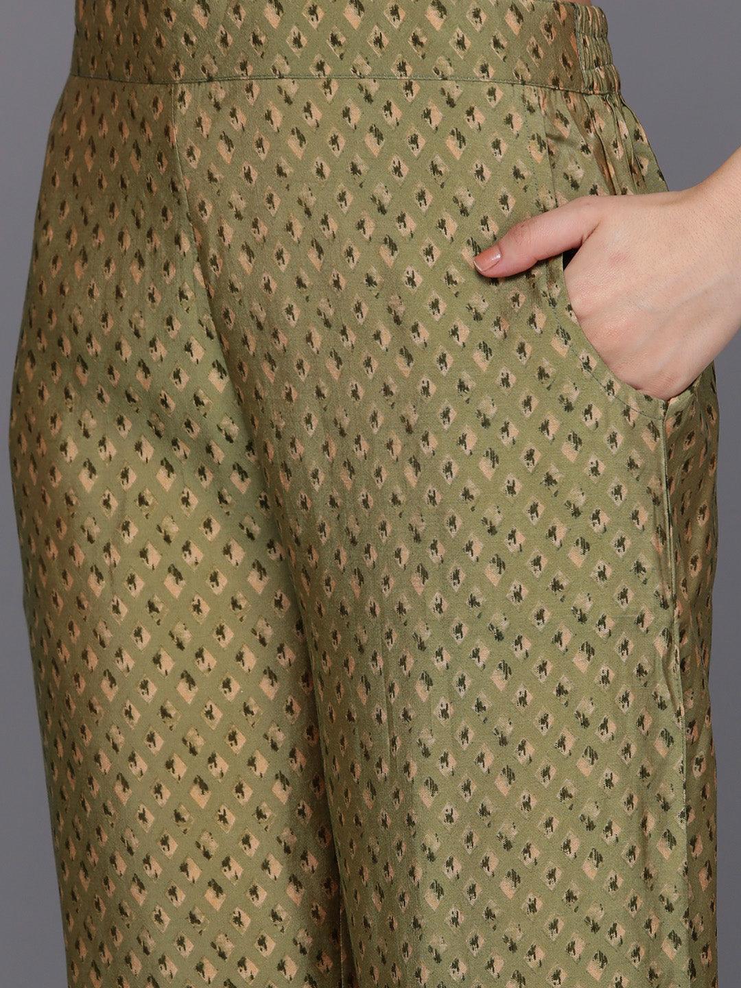 Olive Yoke Design Silk Blend Straight Kurta With Trousers & Dupatta