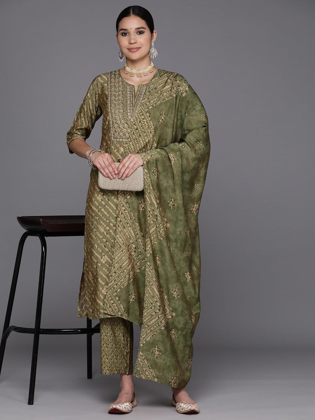 Olive Yoke Design Silk Blend Straight Kurta With Trousers & Dupatta