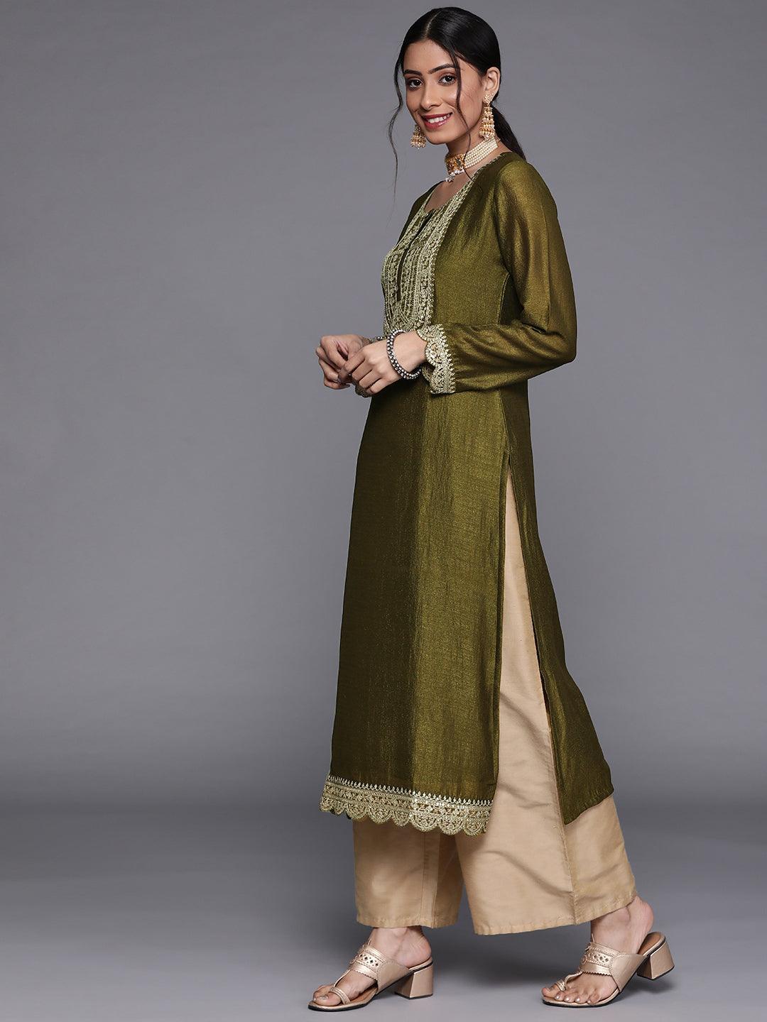 Olive Yoke Design Silk Kurta - ShopLibas