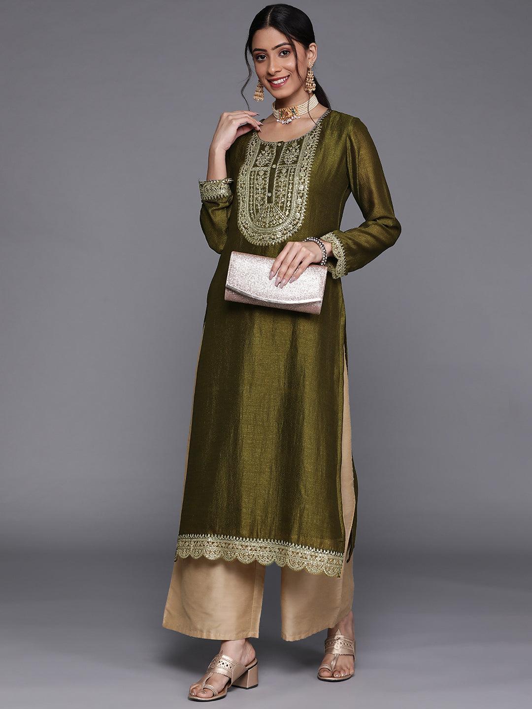 Olive Yoke Design Silk Kurta