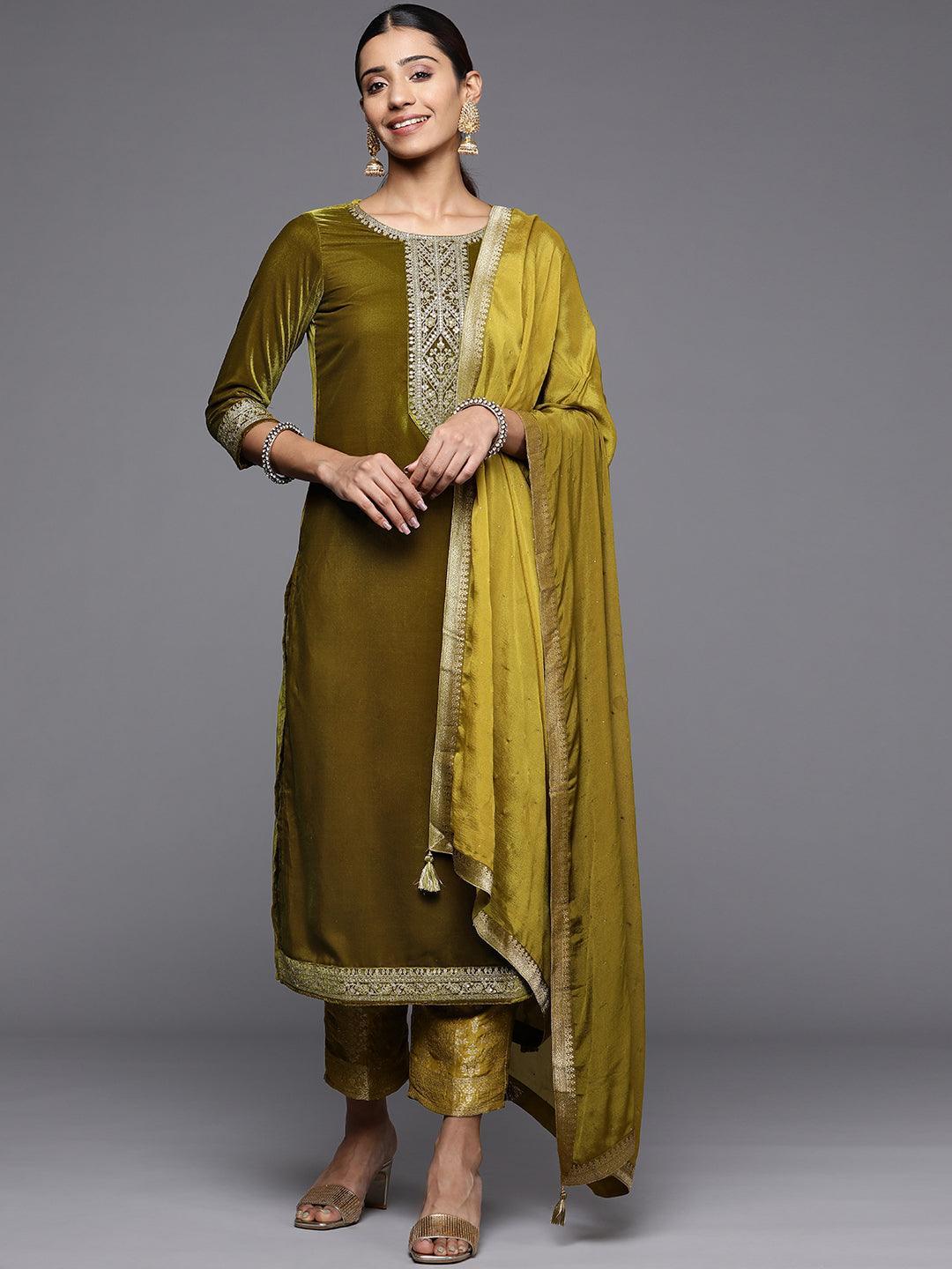 Olive Yoke Design Velvet Straight Suit Set