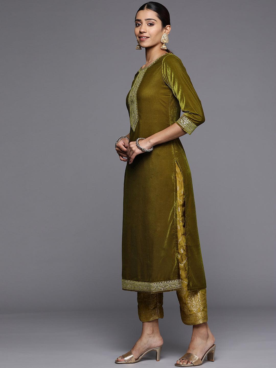 Olive Yoke Design Velvet Straight Suit Set