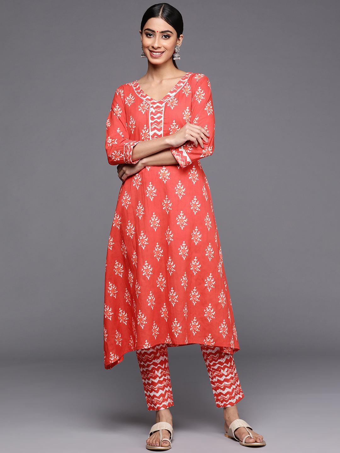 Orange Printed Cotton A-Line Kurta Set With Trousers - ShopLibas