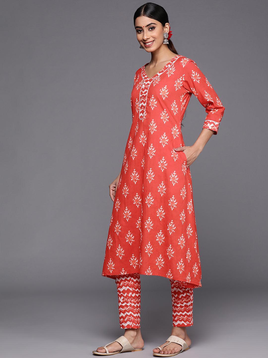 Orange Printed Cotton A-Line Kurta Set With Trousers - ShopLibas