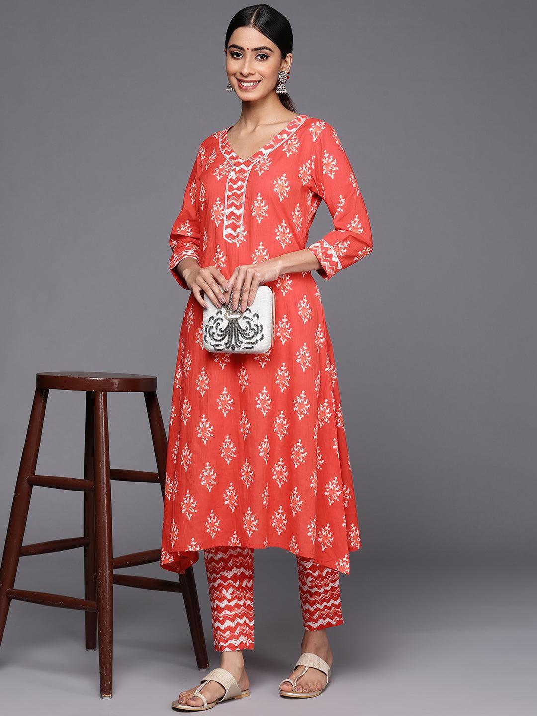 Orange Printed Cotton A-Line Kurta Set With Trousers - ShopLibas