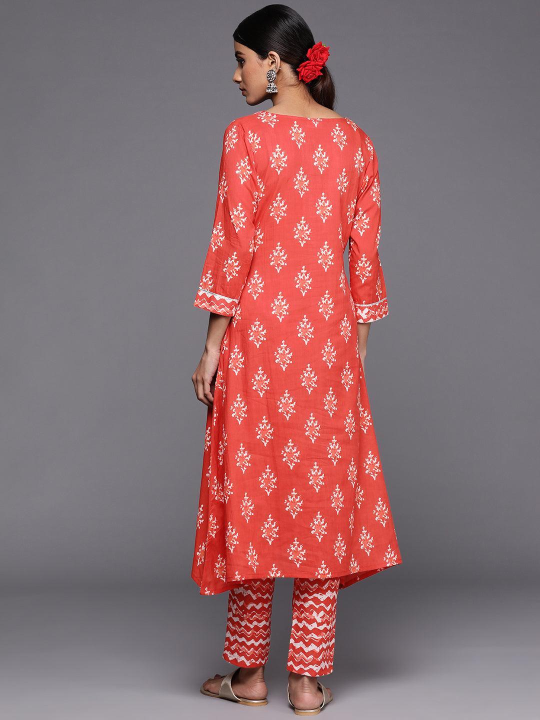 Orange Printed Cotton A-Line Kurta Set With Trousers - ShopLibas