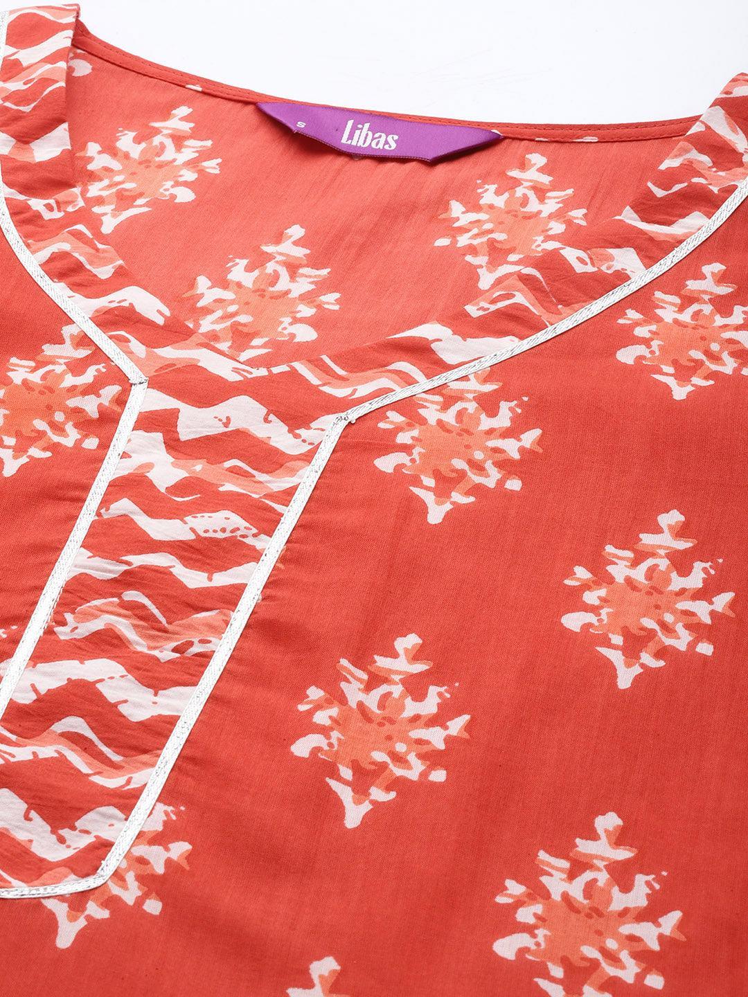 Orange Printed Cotton A-Line Kurta Set With Trousers - ShopLibas