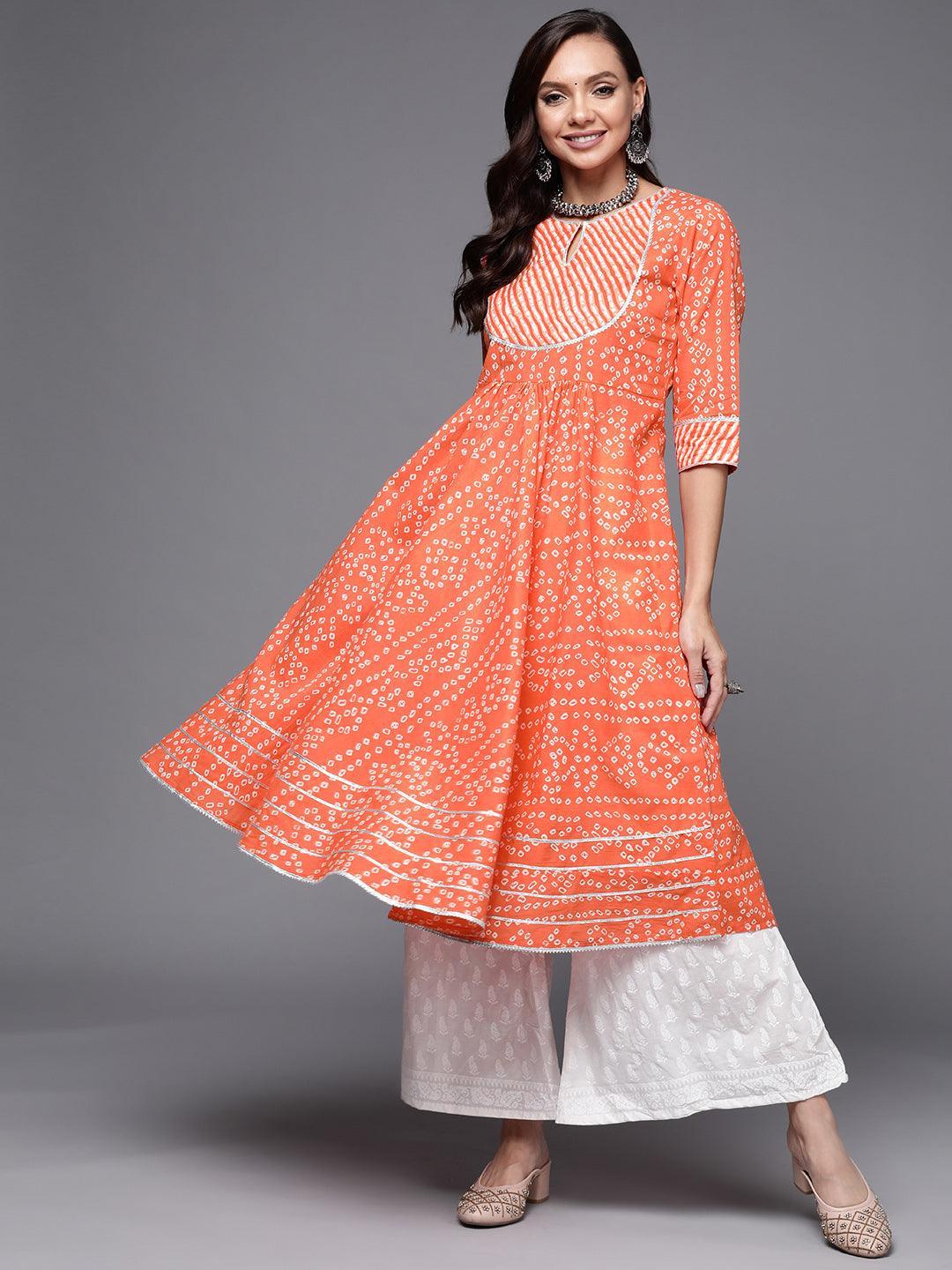 Orange Printed Cotton Anarkali Kurta - ShopLibas