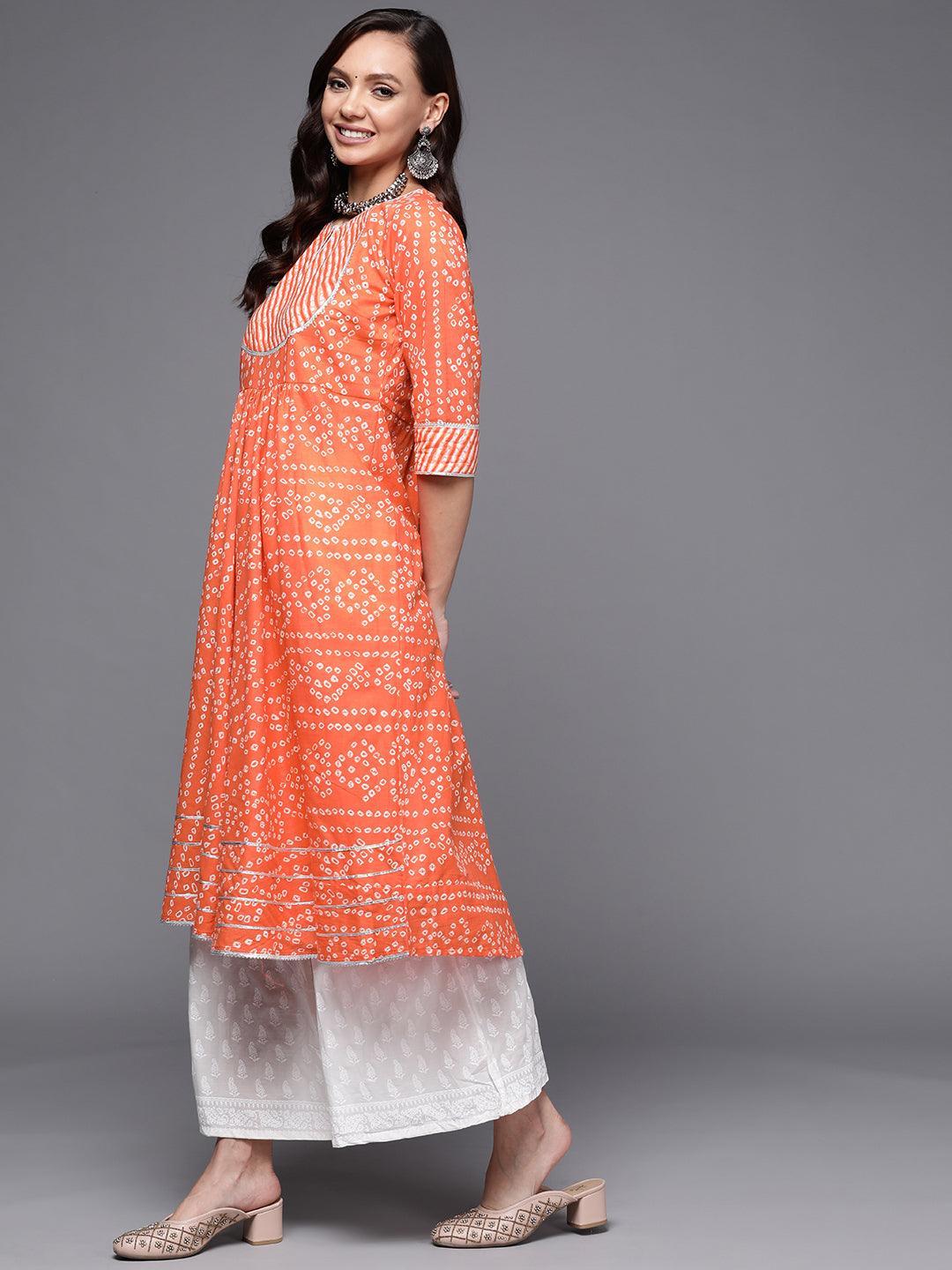 Orange Printed Cotton Anarkali Kurta - ShopLibas