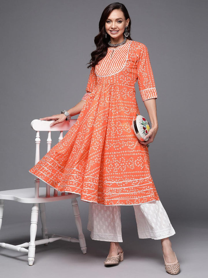 Orange Printed Cotton Anarkali Kurta - ShopLibas