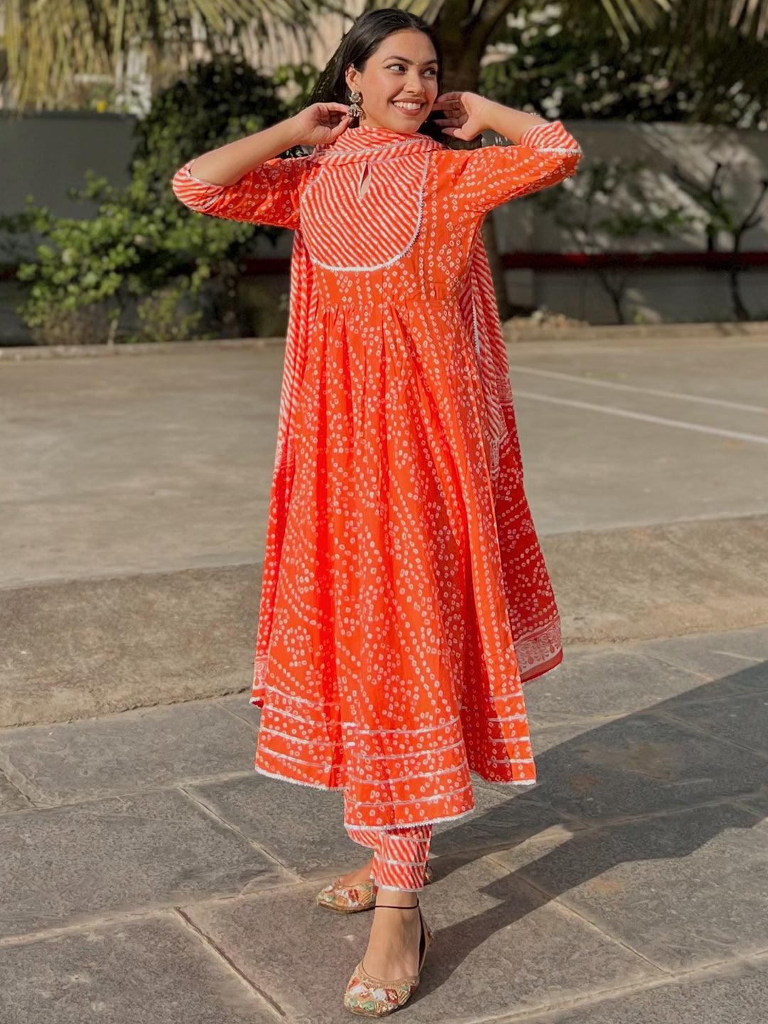 Orange Printed Cotton Anarkali Suit Set