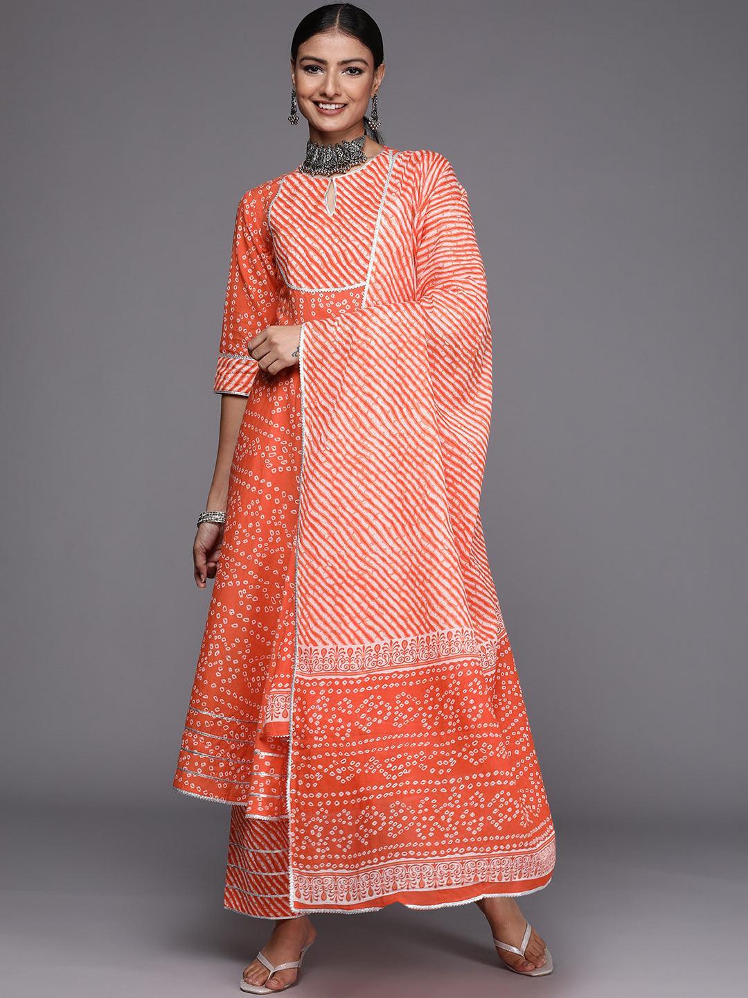 Orange Printed Cotton Anarkali Suit Set