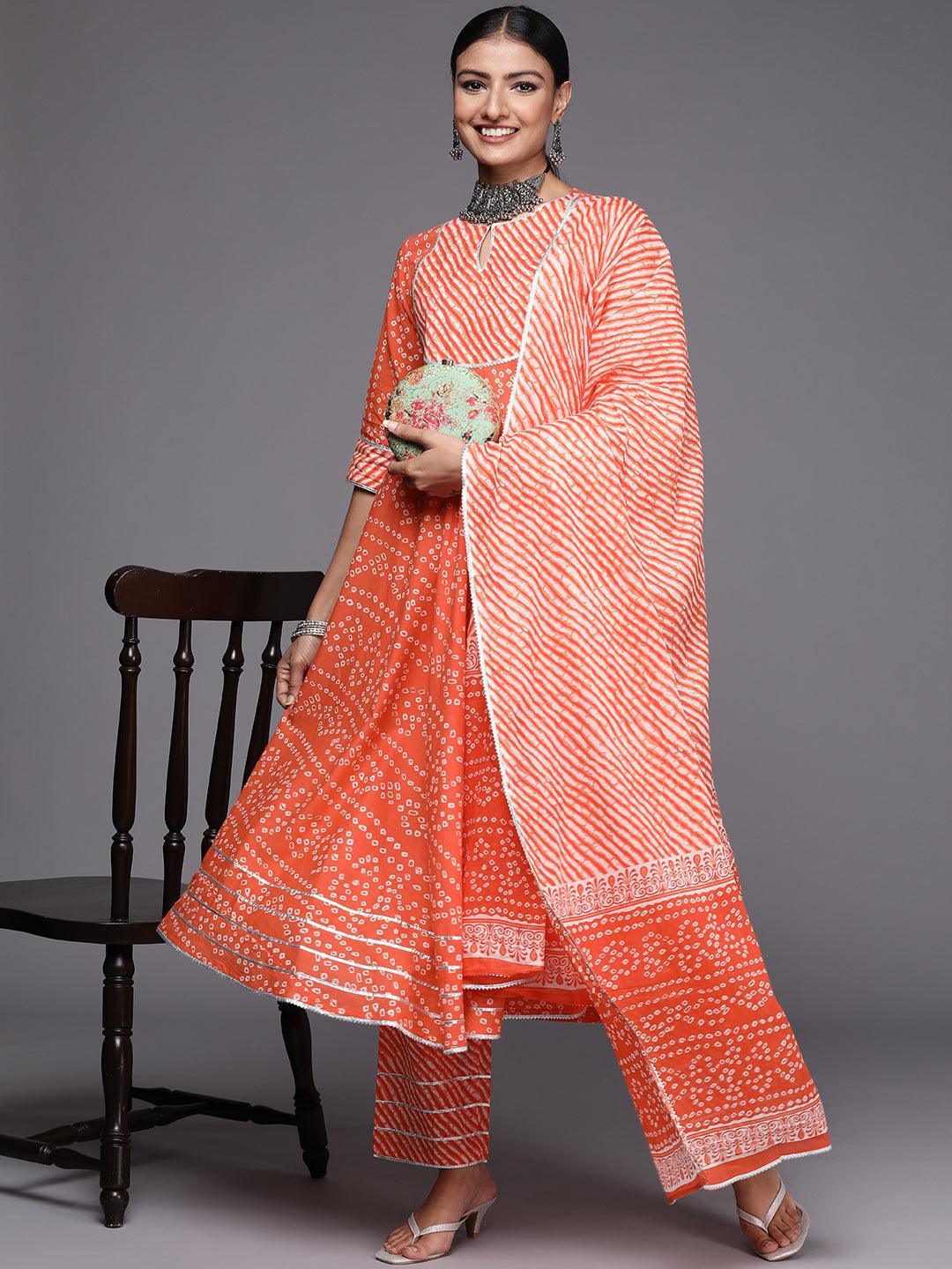 Orange Printed Cotton Anarkali Suit Set