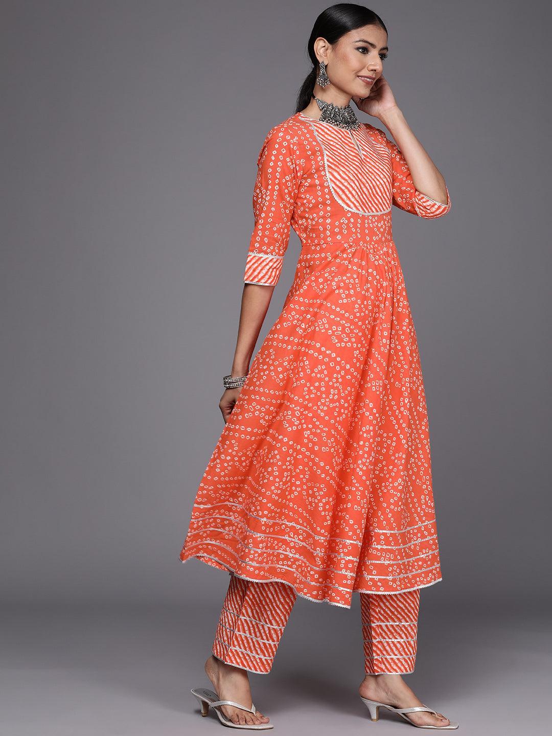 Orange Printed Cotton Anarkali Suit Set