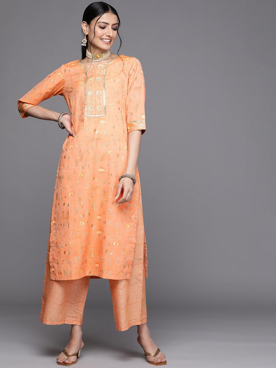 Orange Printed Cotton Silk Kurta