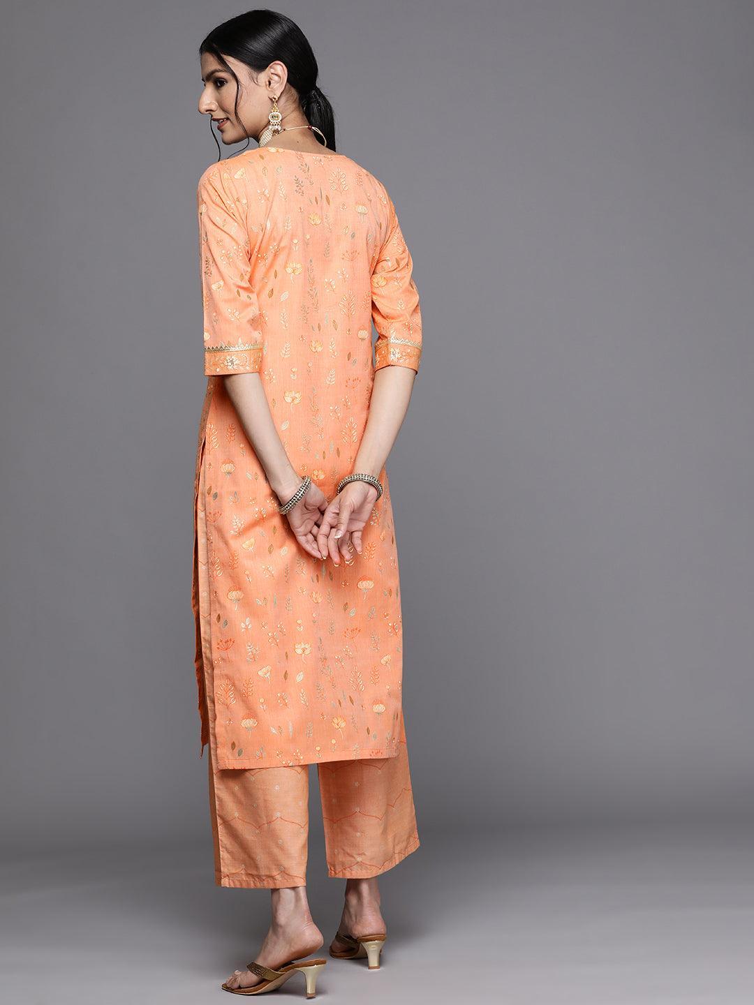 Orange Printed Cotton Silk Kurta