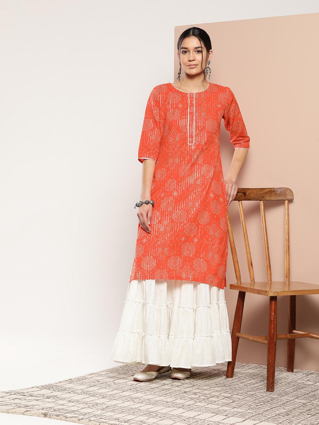 Orange Printed Cotton Straight Kurta