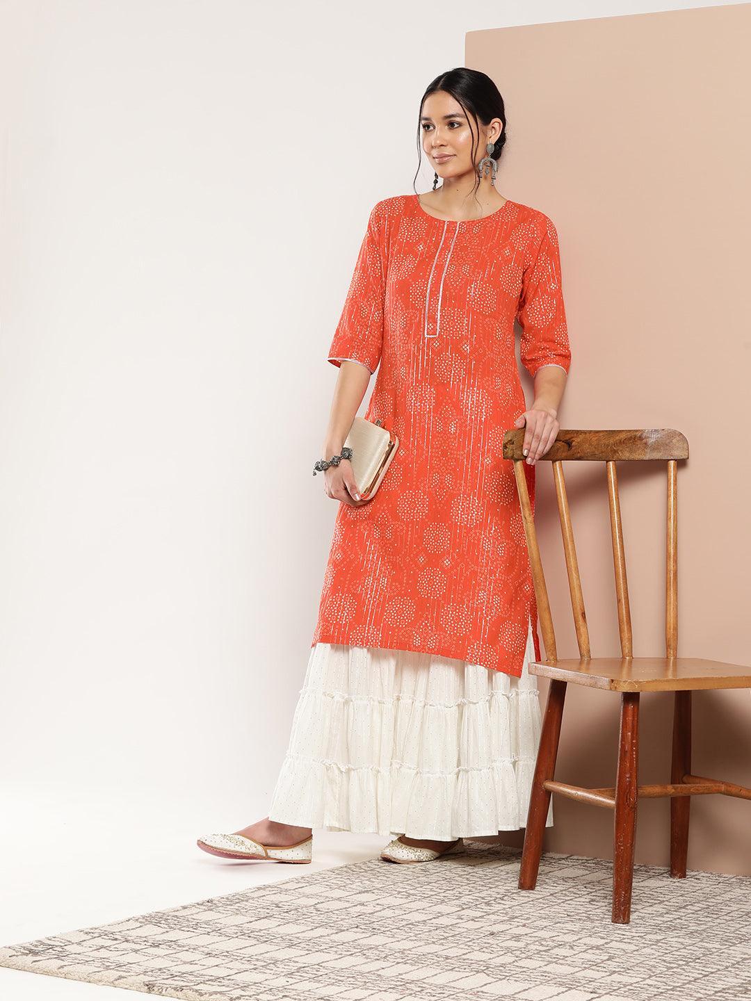 Orange Printed Cotton Straight Kurta