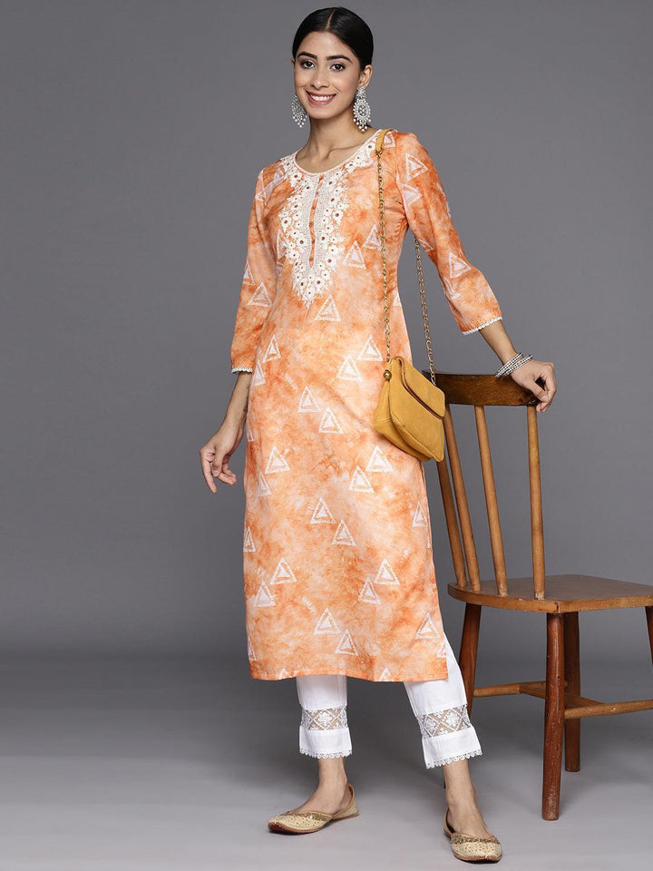 Orange Printed Cotton Straight Kurta - Libas