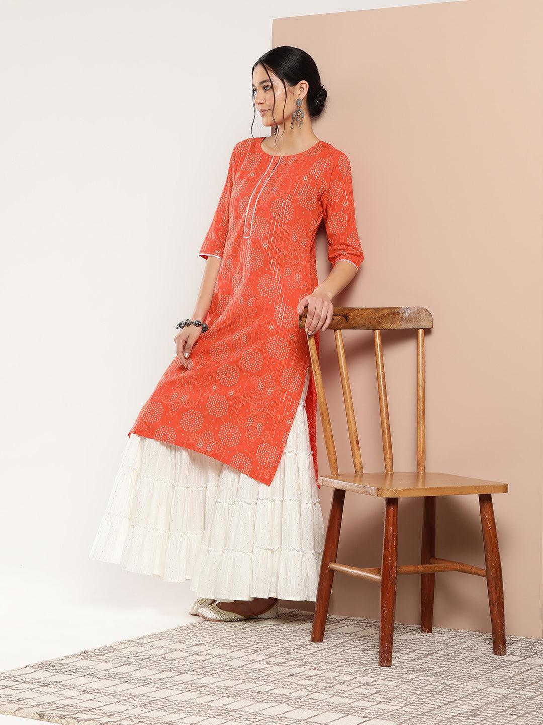 Orange Printed Cotton Straight Kurta