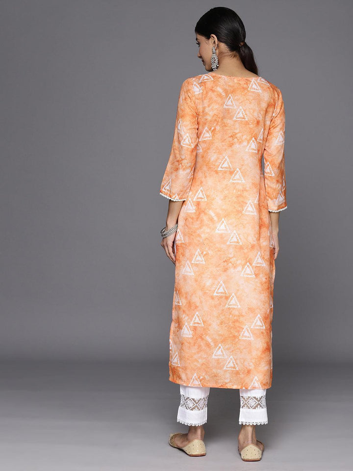 Orange Printed Cotton Straight Kurta - Libas