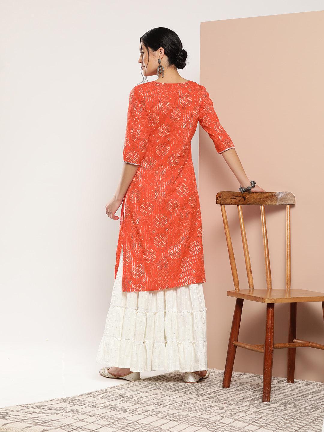 Orange Printed Cotton Straight Kurta