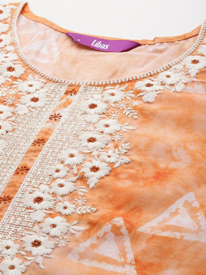 Orange Printed Cotton Straight Kurta - Libas