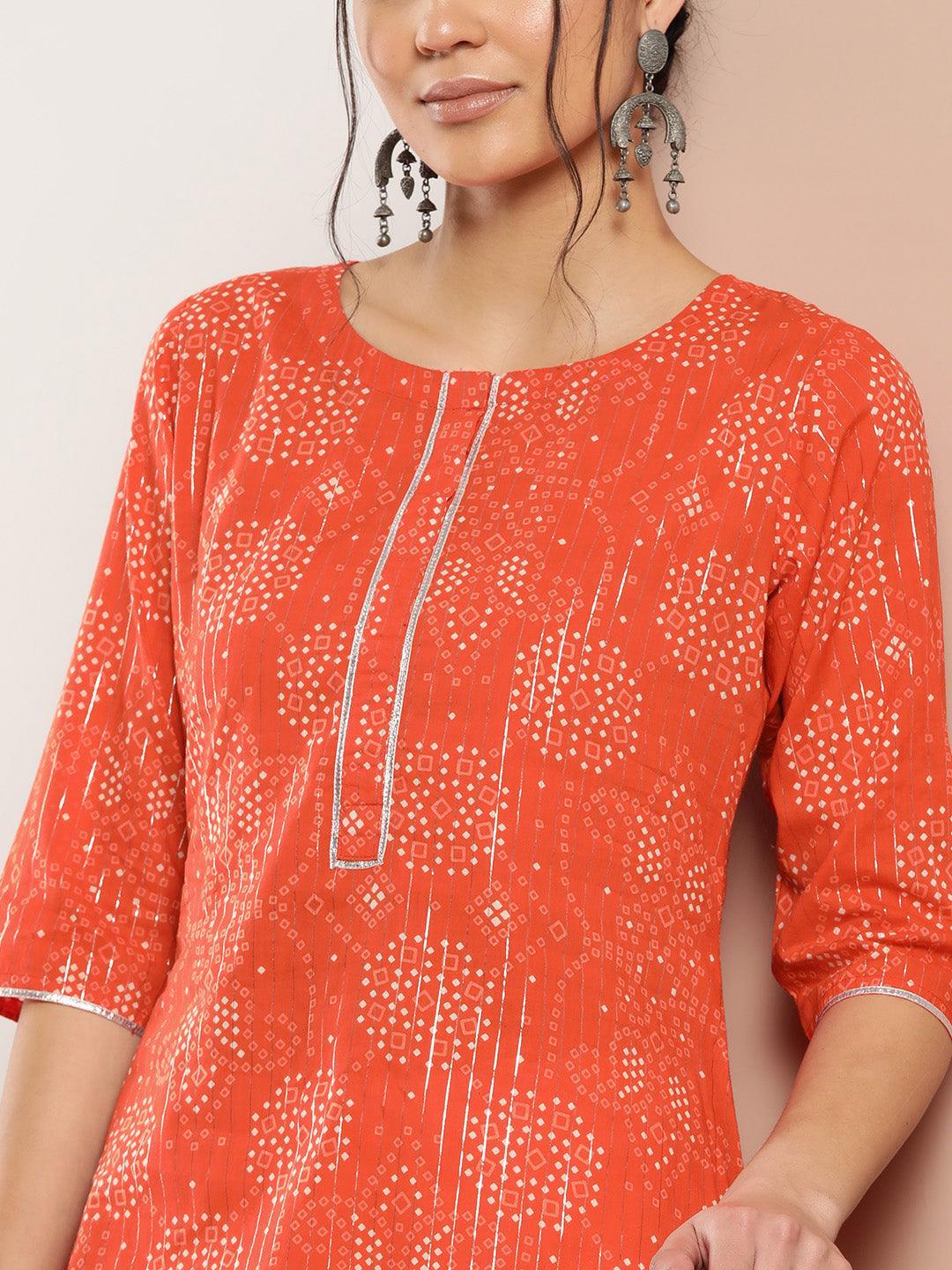 Orange Printed Cotton Straight Kurta