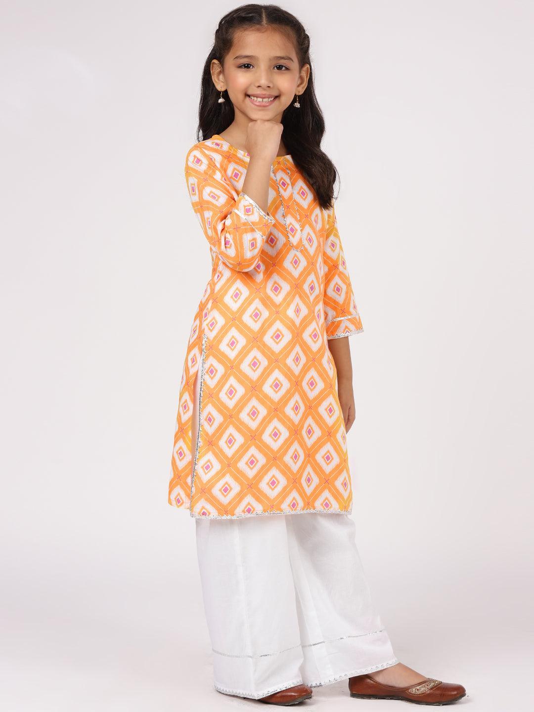 Kids Orange Printed Cotton Kurta Set