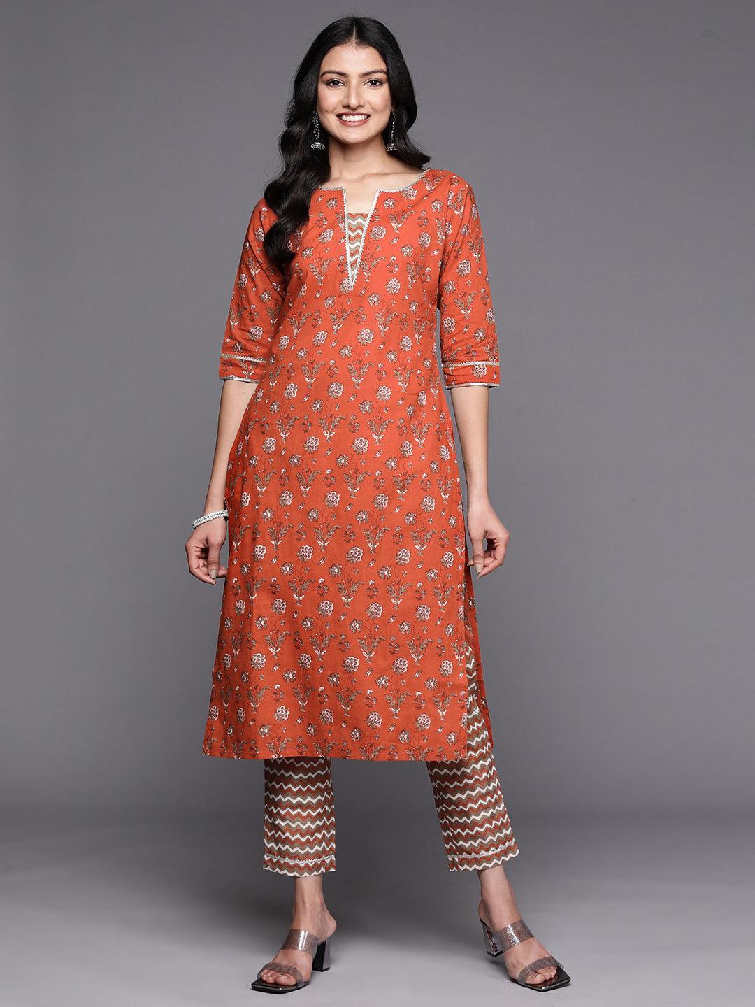 Orange Printed Cotton Straight Kurta Set With Trousers - ShopLibas