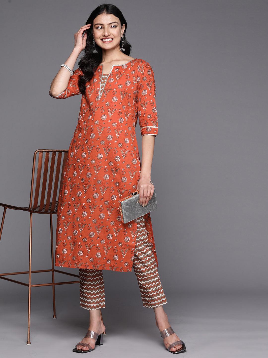 Orange Printed Cotton Straight Kurta Set With Trousers - ShopLibas