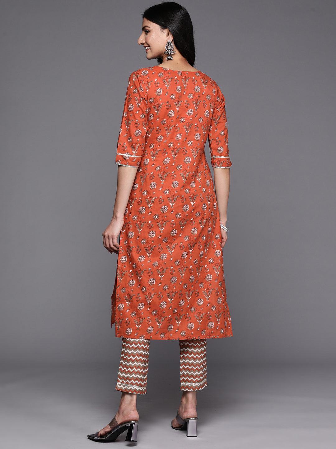 Orange Printed Cotton Straight Kurta Set With Trousers - ShopLibas