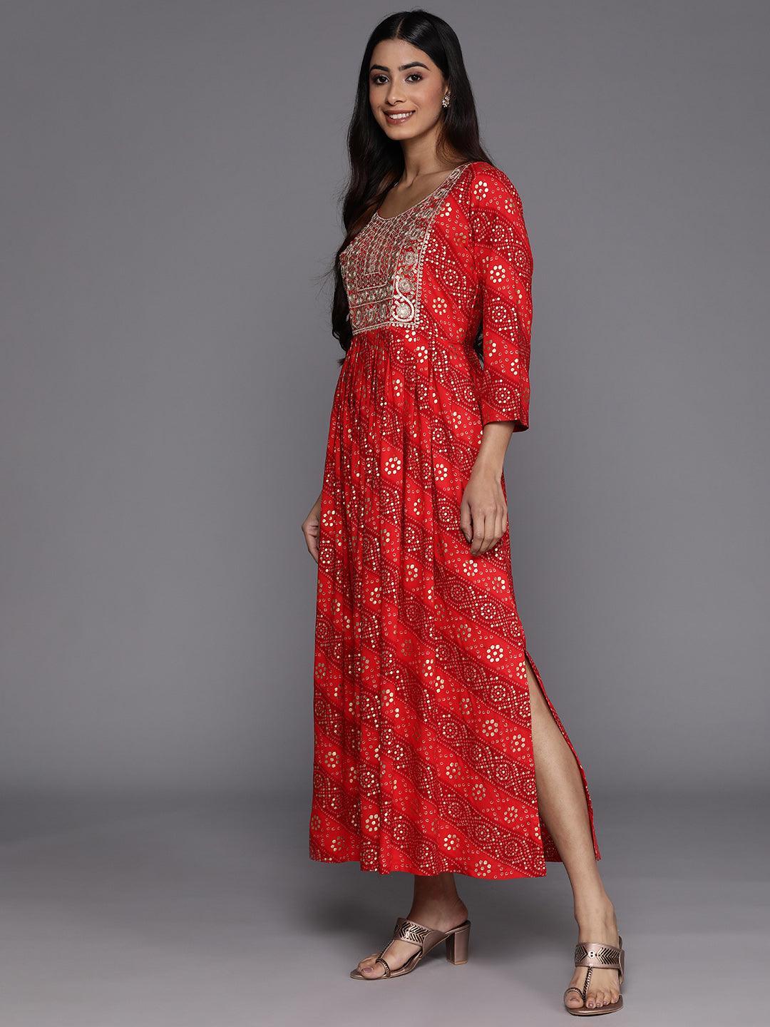 Orange Printed Fit and Flare Rayon Dress