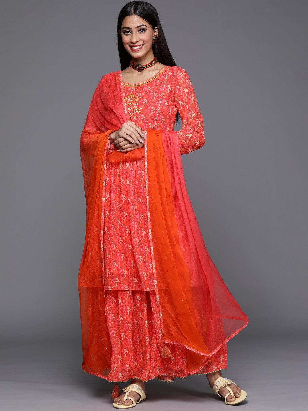 Orange Printed Georgette Suit Set - ShopLibas