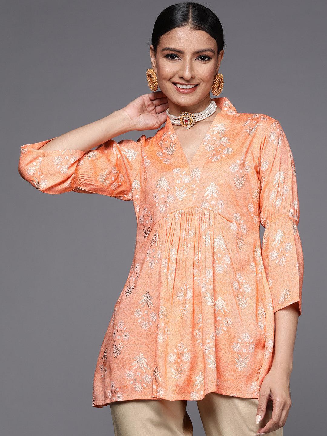 Orange Printed Rayon A-Line Kurti