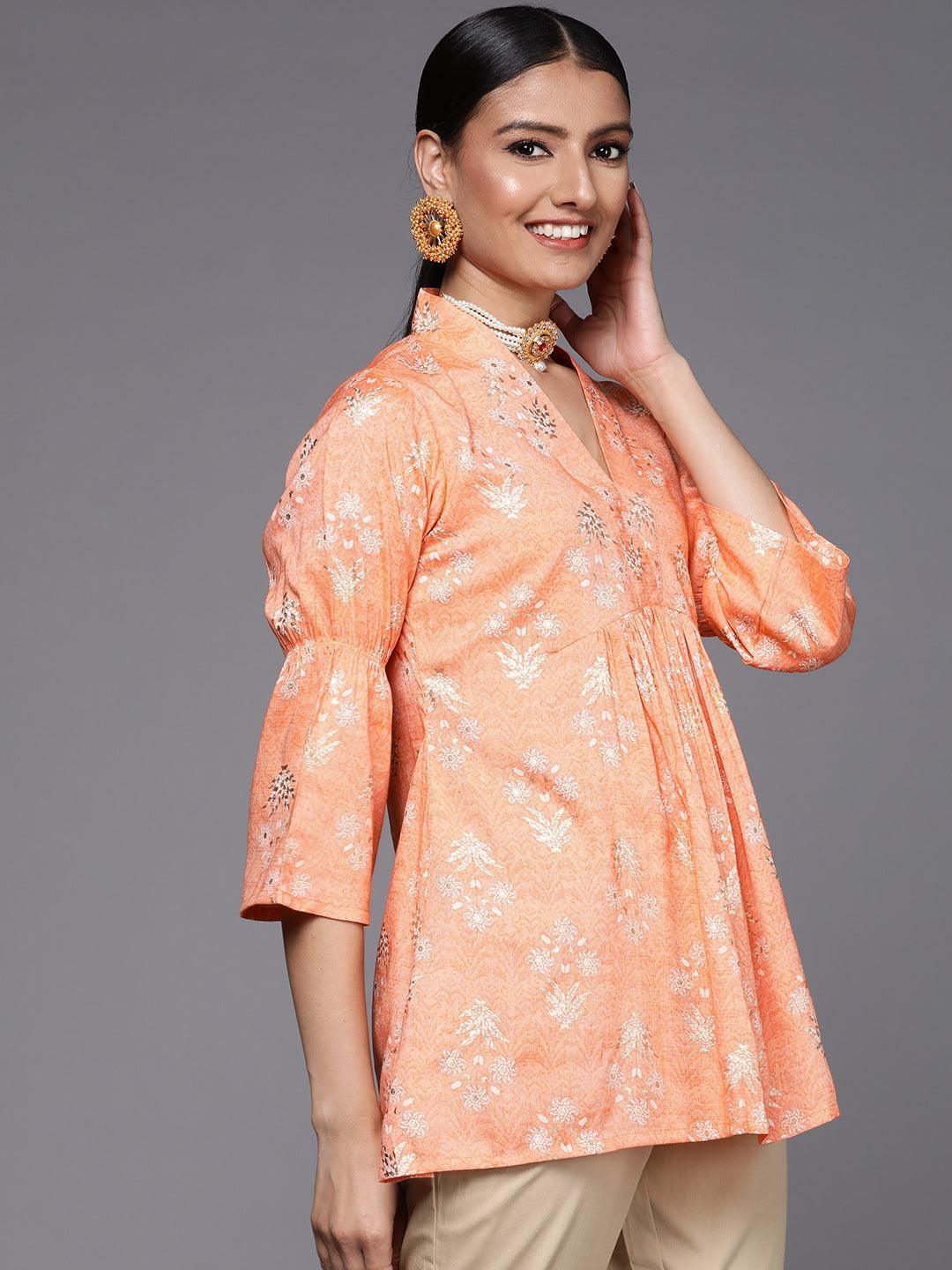 Orange Printed Rayon A-Line Kurti