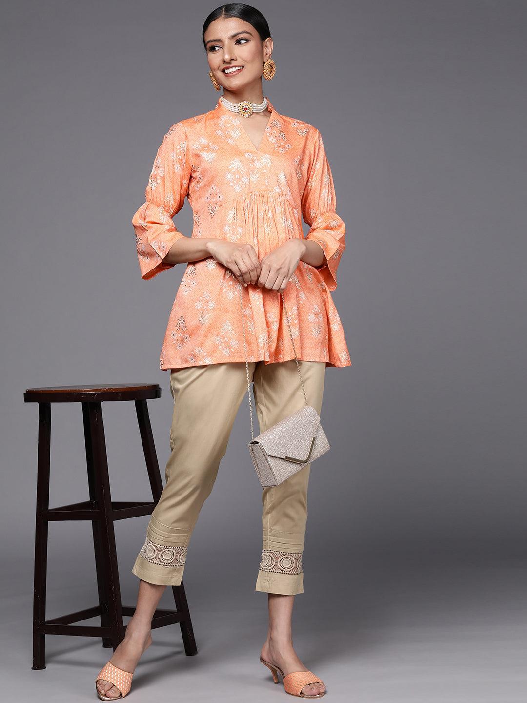 Orange Printed Rayon A-Line Kurti