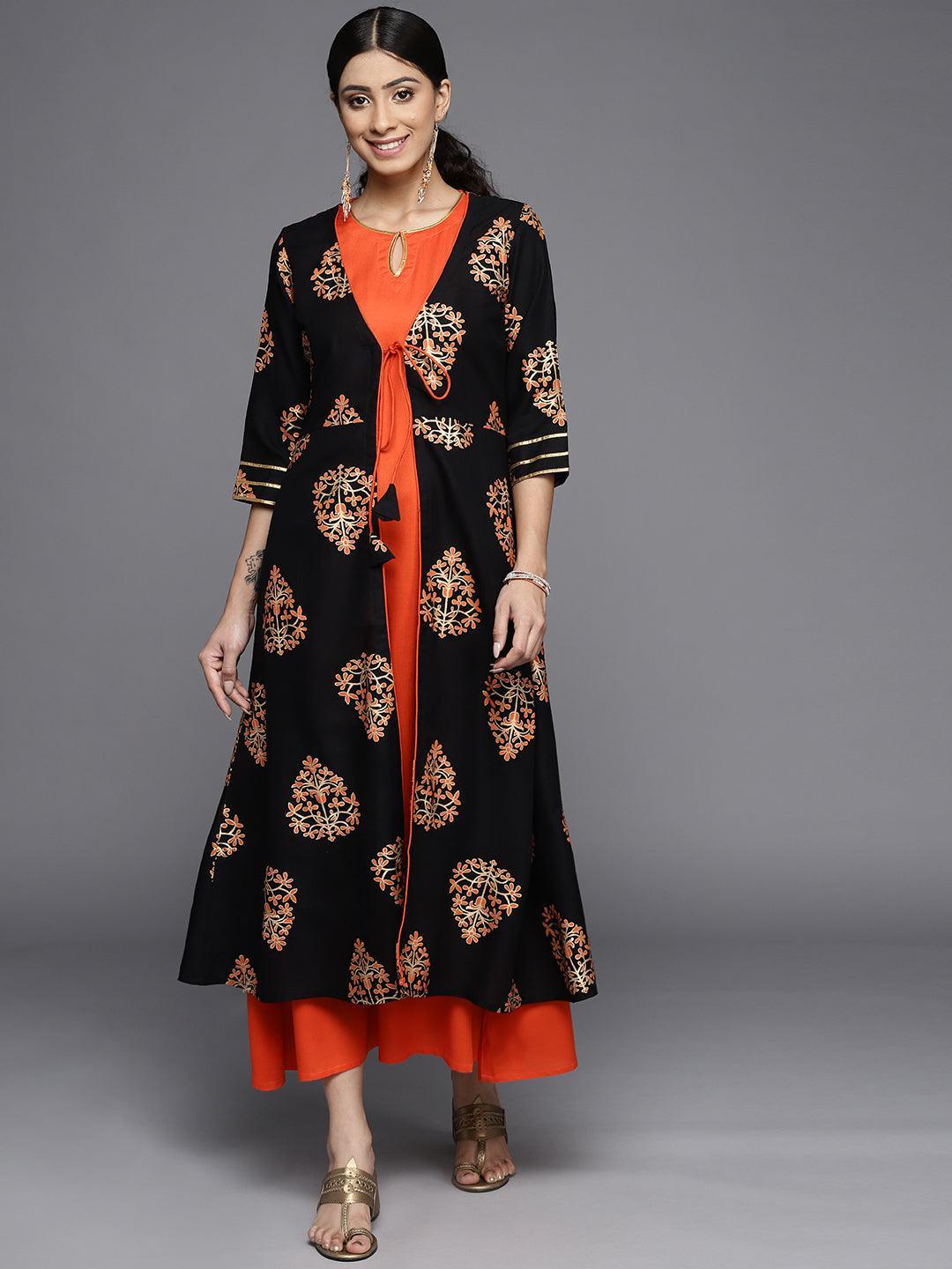 Orange Printed Rayon Dress - ShopLibas