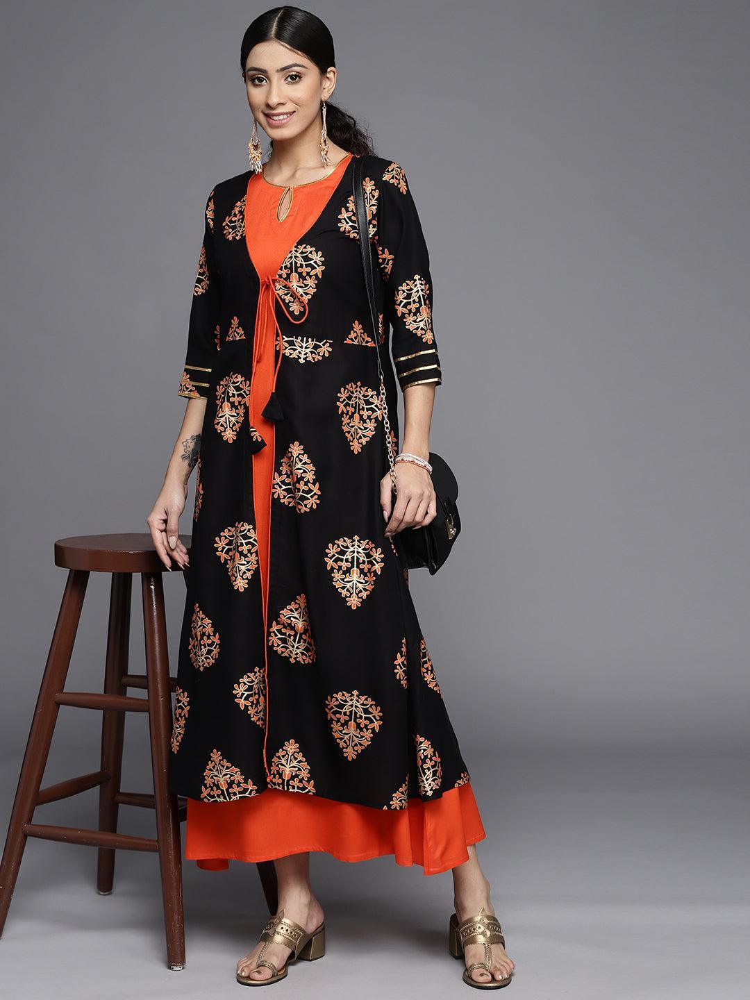 Orange Printed Rayon Dress