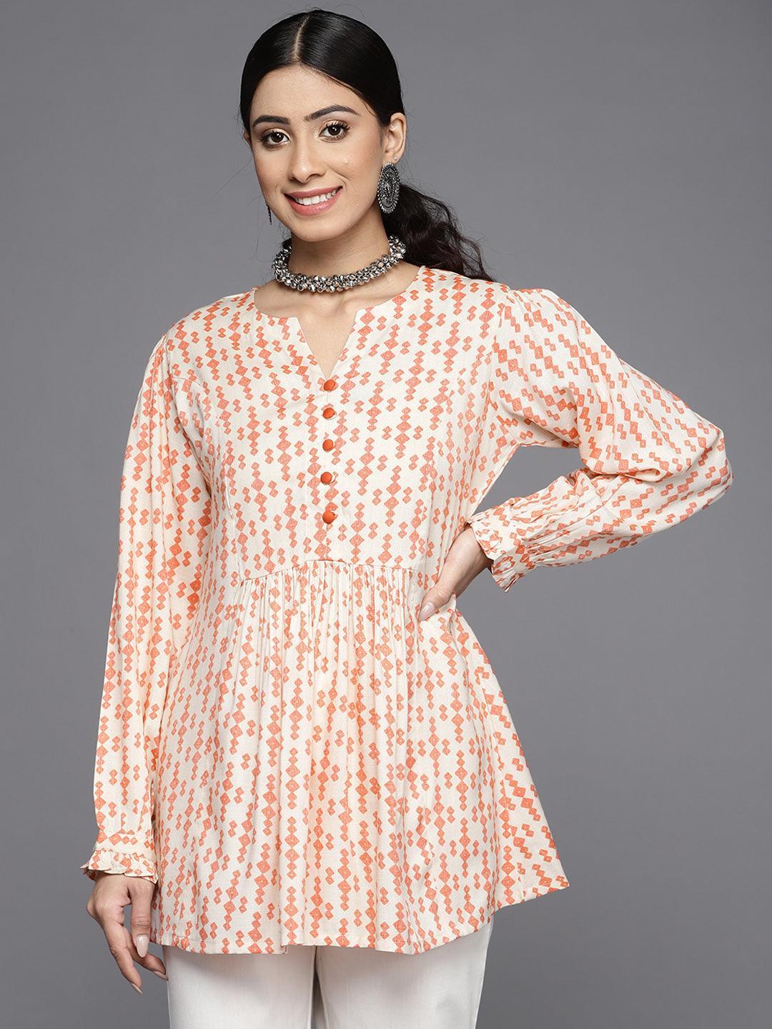 Orange Printed Rayon Kurti