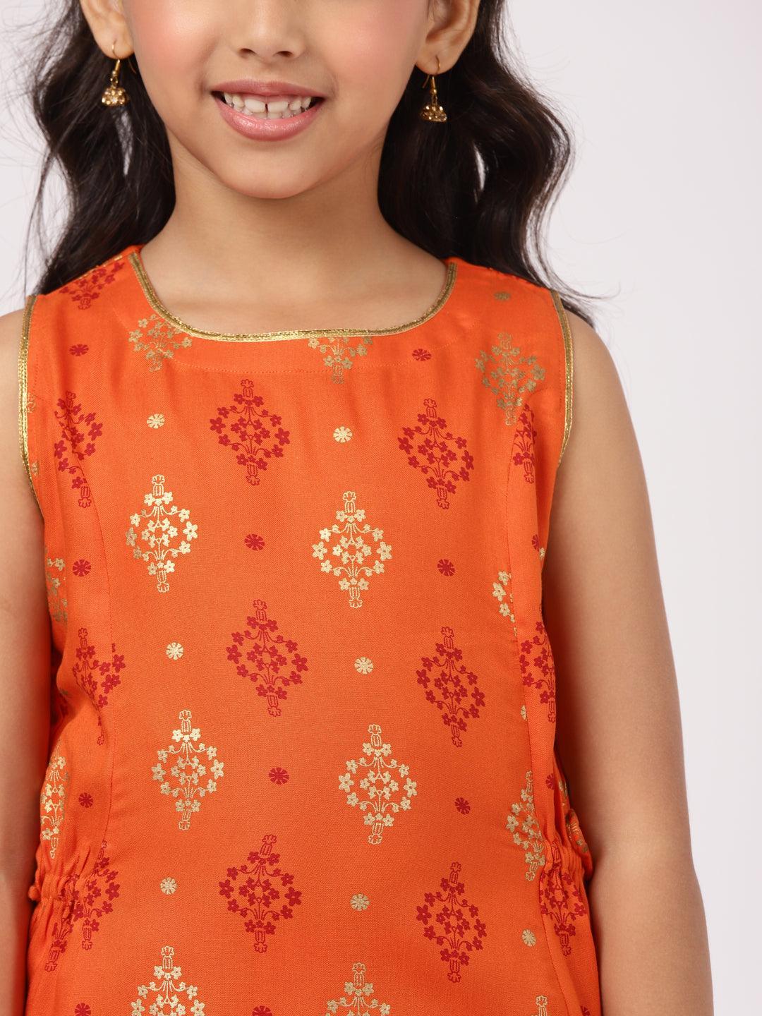 Orange Printed Rayon Straight Suit Set - ShopLibas