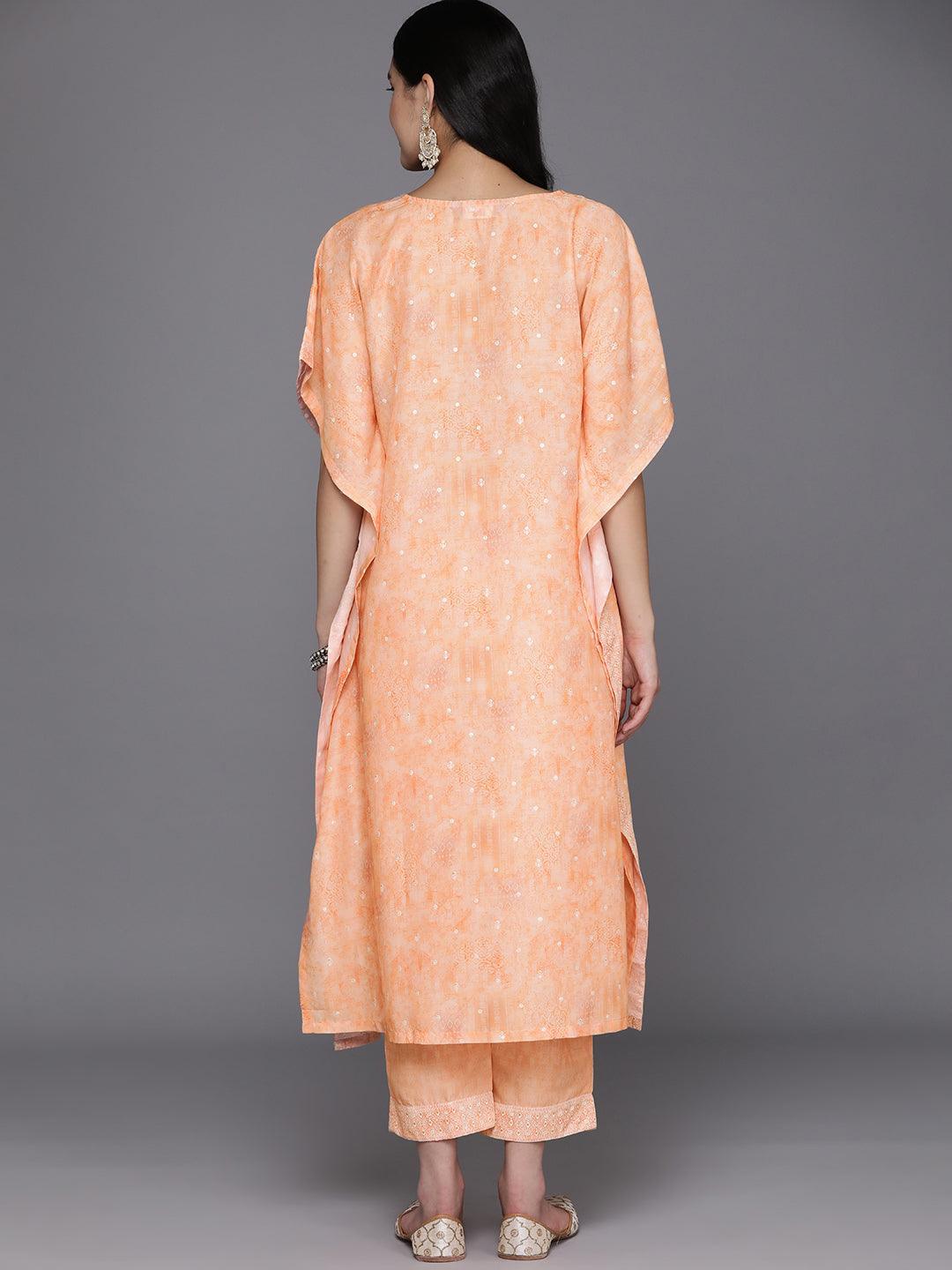 Orange Printed Silk Blend Kaftan Kaftan With Trousers