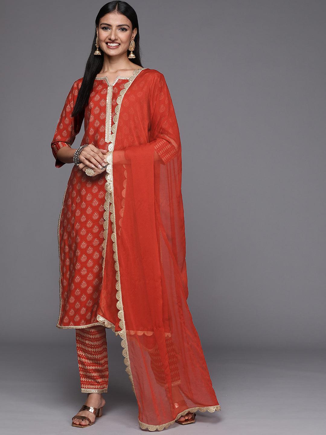 Orange Printed Silk Blend Straight Suit Set